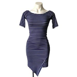 🌼 Navy White Asymmetrical Striped Short Sleeve Mini Bodycon Dress M